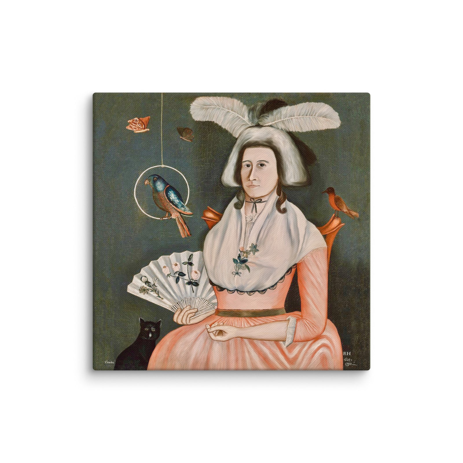 Remastered vintage painting reproduction of Lady and her Pets, with some cracking removed from the portrait subject, her dress and accessories.