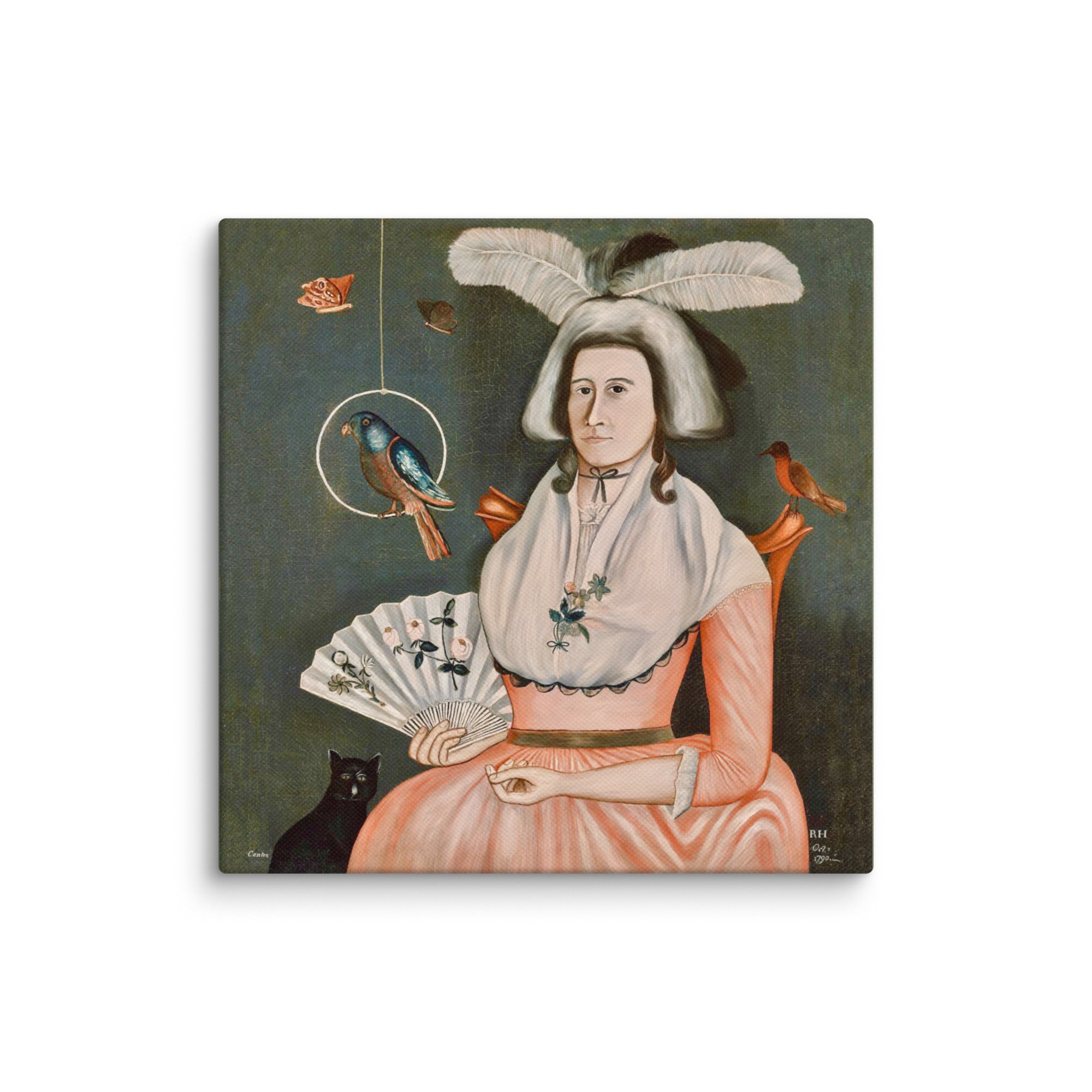 Remastered vintage painting reproduction of Lady and her Pets, with some cracking removed from the portrait subject, her dress and accessories.