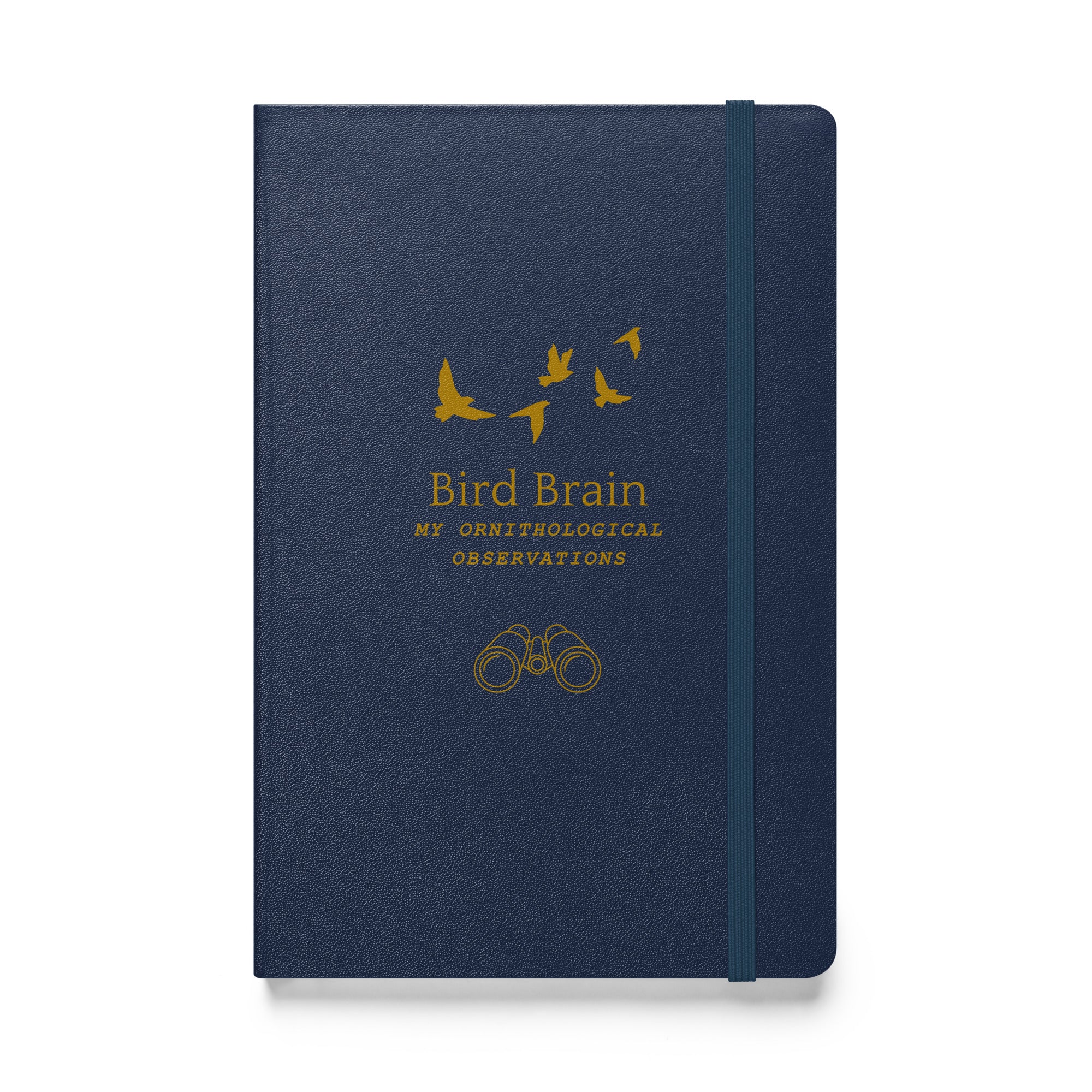 Hard bound journal in navy blue with the words, "Bird Brain, My Ornithological Observations" on the cover with a few flying birds above and a pair of binoculars below.