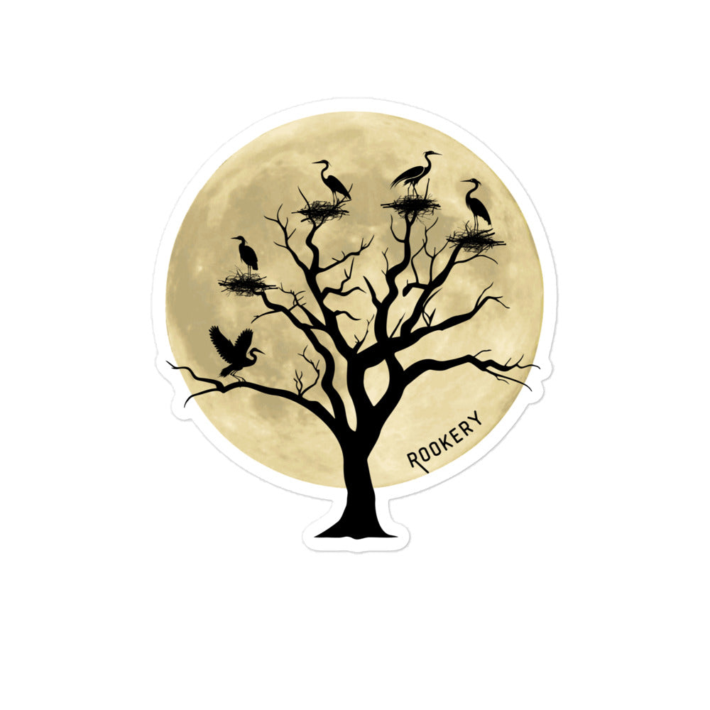 Sticker of a full moon behind a tree full of heron nests. 5 by 5 inch