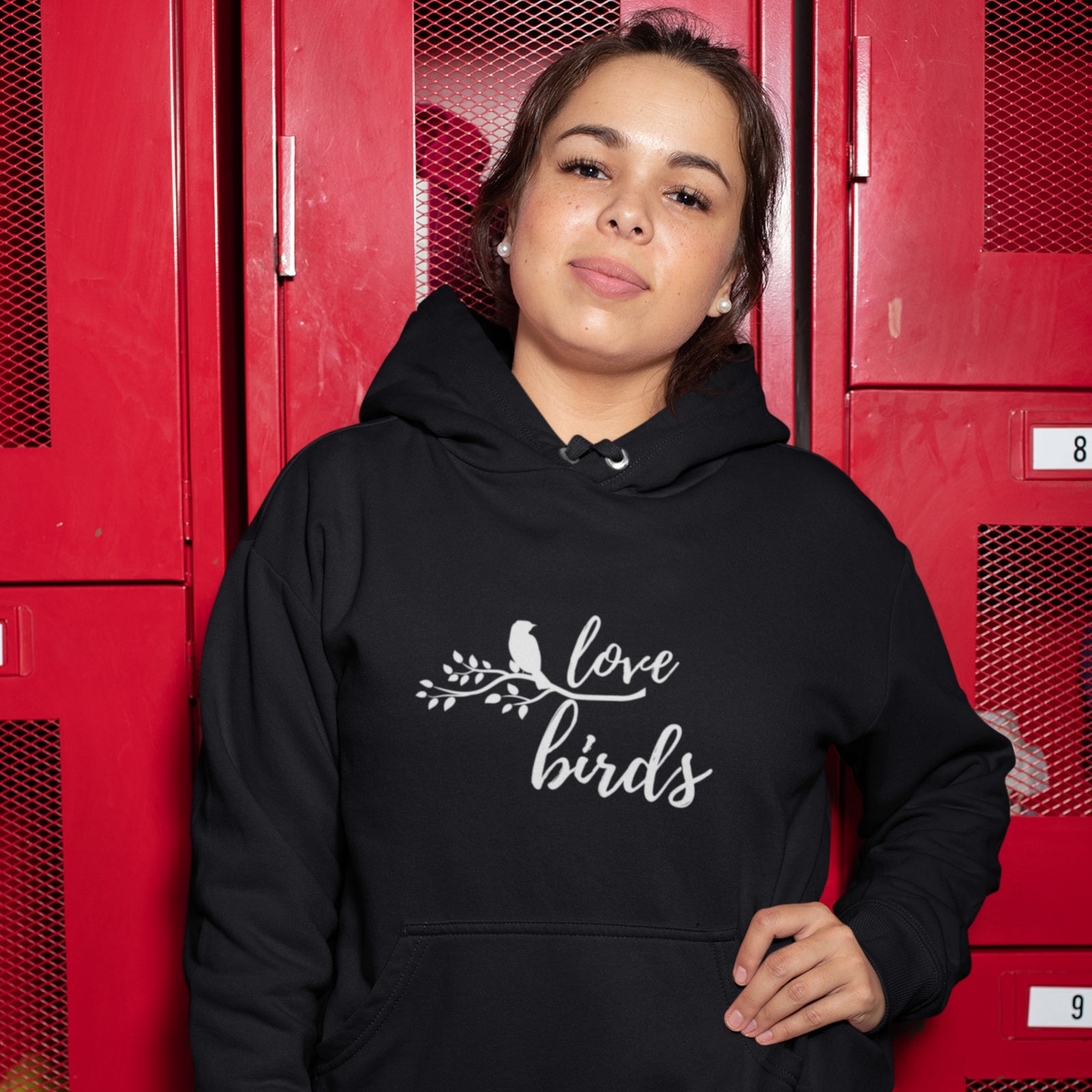 Black unisex bird hoodie with "love birds" on the front and a bird sitting on a branch.