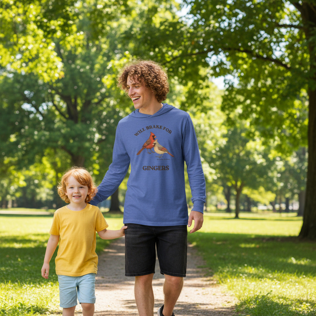 Heather blue long-sleeved and hooded bird t-shirt with a male and female northern cardinal and the words, "Will Brake for Gingers"