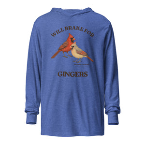 Heather blue long-sleeved and hooded bird t-shirt with a male and female northern cardinal and the words, "Will Brake for Gingers"