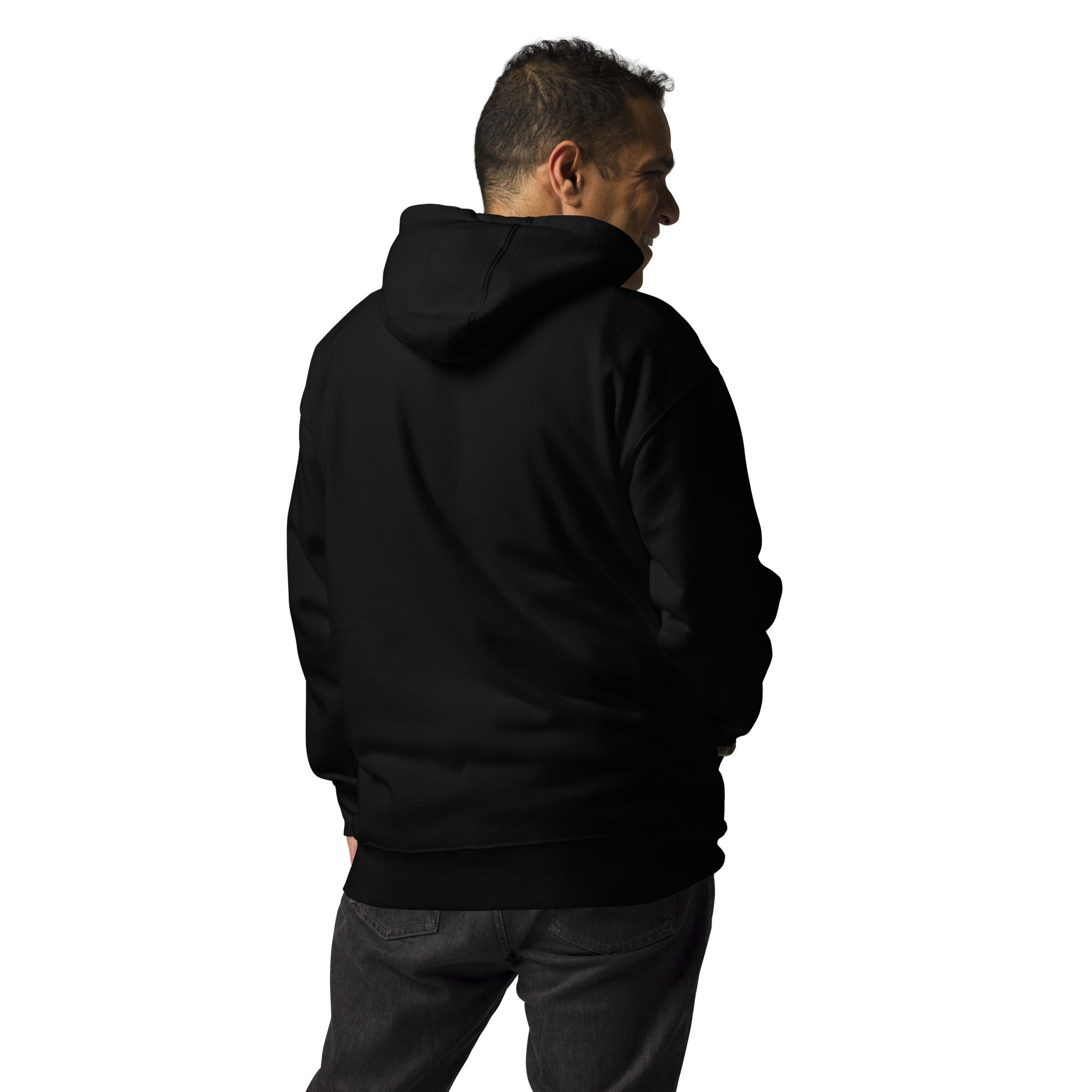 Black hooded unisex bird sweatshirt with the words, "Small. Fierce. Fluffy" below an illustration of an American Kestrel. Worn by a man, rear view, no graphics shown.