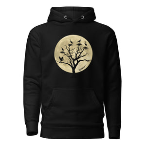 Black bird hoodie with a full moon outlining a heron rookery.