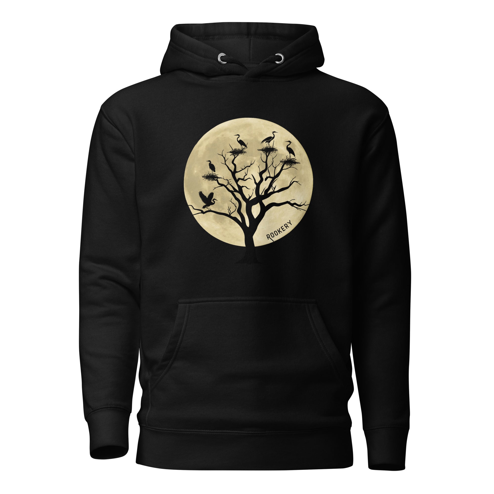 Black bird hoodie with a full moon outlining a heron rookery.