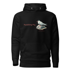 Black unisex hoodie with a graphic of an Arctic Tern on a rock, and the words "Awaiting My" next to it in a fun pun. The words Arctic Tern and the scientific name of Sterna Paradisaea are below the bird.
