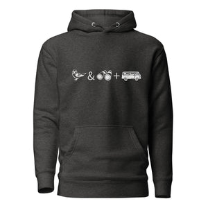 Dark heather gray unisex birding hoodie with graphics of binoculars, birds and a van.