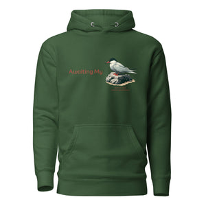 Green unisex hoodie with a graphic of an Arctic Tern on a rock, and the words "Awaiting My" next to it in a fun pun. The words Arctic Tern and the scientific name of Sterna Paradisaea are below the bird.