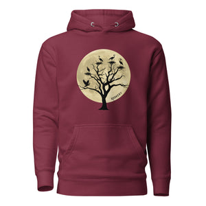Maroon bird hoodie with a full moon outlining a heron rookery.