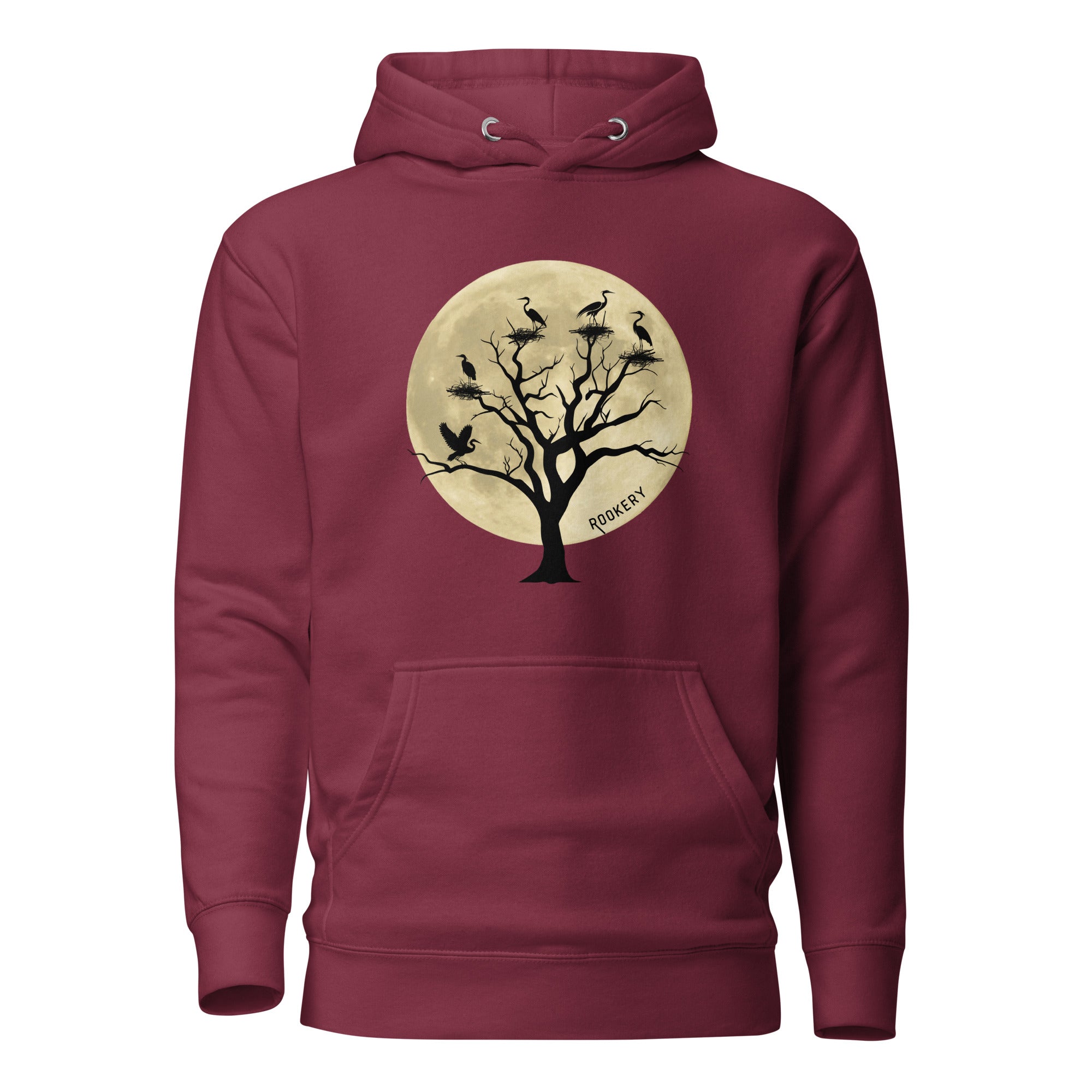 Maroon bird hoodie with a full moon outlining a heron rookery.