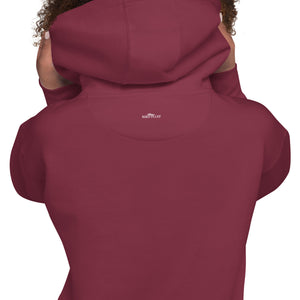 Maroon  hoodie with a smiley face looking off to the right at a flock of birds and the words Easily Distracted, Mostly By Birds on the front. Rear view showing brand logo beneath hood.