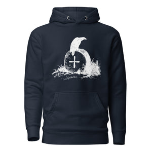 Navy blue unisex bird hoodie with a picture of raven sitting on top of an unmarked grave.
