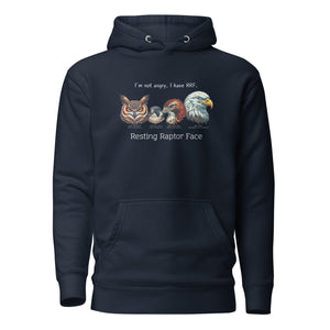 A navy bird hoodie with a great horned owl, a peregrine falcon, a red-tailed hawk and a bald eagle. The shirt has text that says, I'm not angry, I have RRF. Resting Raptor Face.
