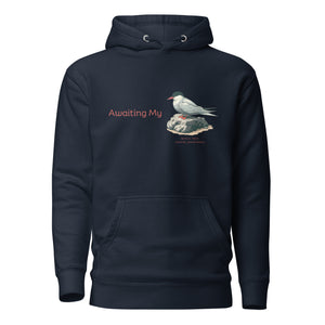 Navy blue unisex hoodie with a graphic of an Arctic Tern on a rock, and the words "Awaiting My" next to it in a fun pun. The words Arctic Tern and the scientific name of Sterna Paradisaea are below the bird.