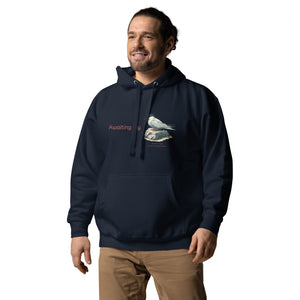 Navy blue unisex hoodie with a graphic of an Arctic Tern on a rock, and the words "Awaiting My" next to it in a fun pun. The words Arctic Tern and the scientific name of Sterna Paradisaea are below the bird. Worn by a man.