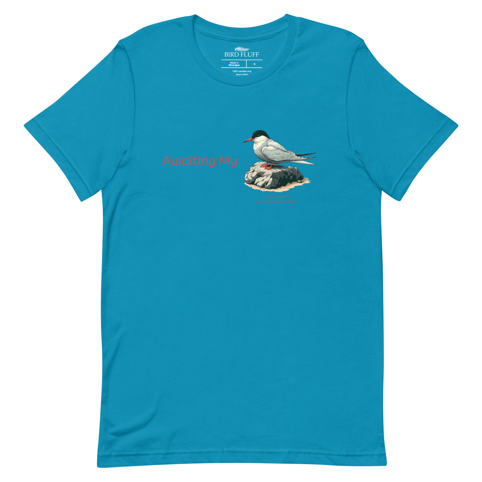 Aqua blue unisex crew neck t-shirt with a graphic of an Arctic Tern on a rock, and the words "Awaiting My" next to it in a fun pun. The words Arctic Tern and the scientific name of Sterna Paradisaea are below the bird.