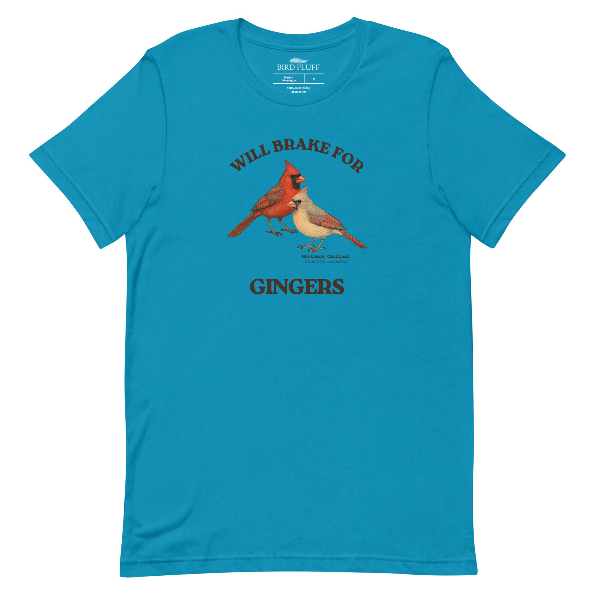 Aqua blue bird shirt with a male and female northern cardinal and the words, "Will Brake for Gingers"