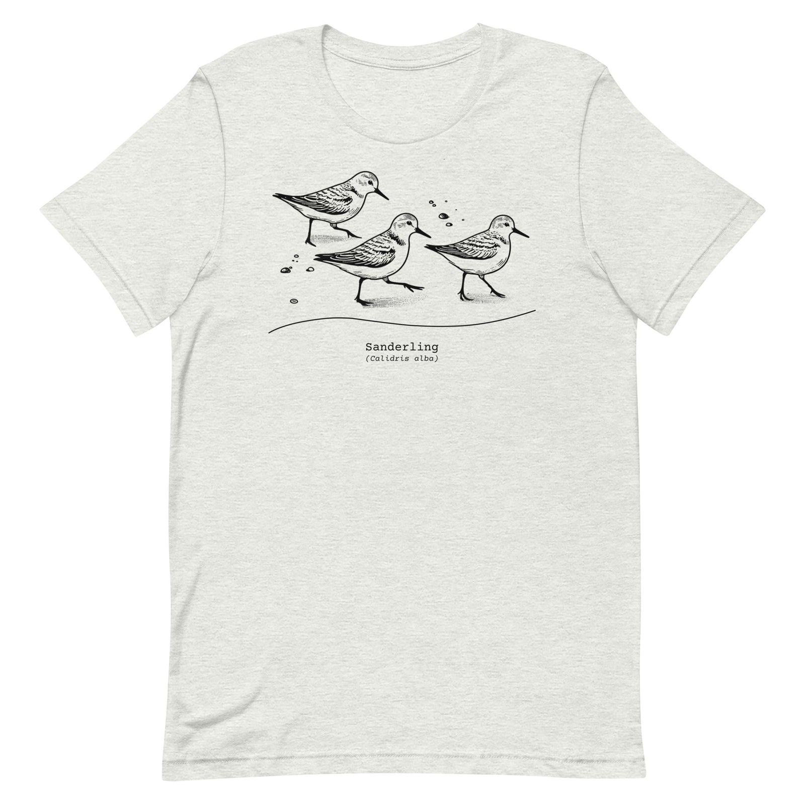 Light gray bird shirt featuring an illustration of a three sanderlings on a beach and the common and scientific names for the bird underneath.