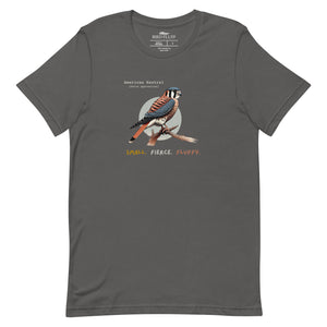 A dark gray bird shirt with the words, "Small. Fierce. Fluffy" below an illustration of an American Kestrel.
