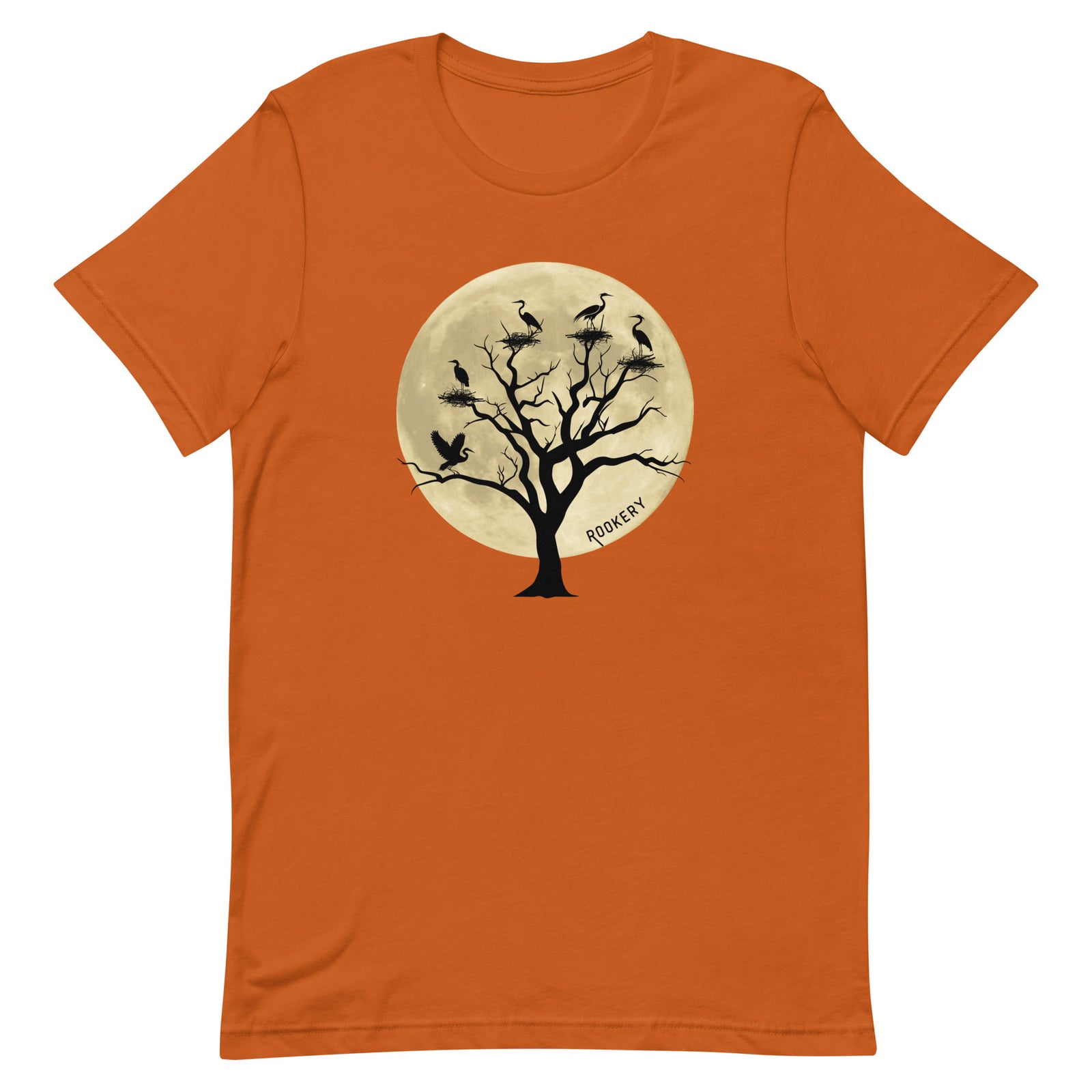 Orange unisex bird shirt with a full moon outlining a heron rookery.