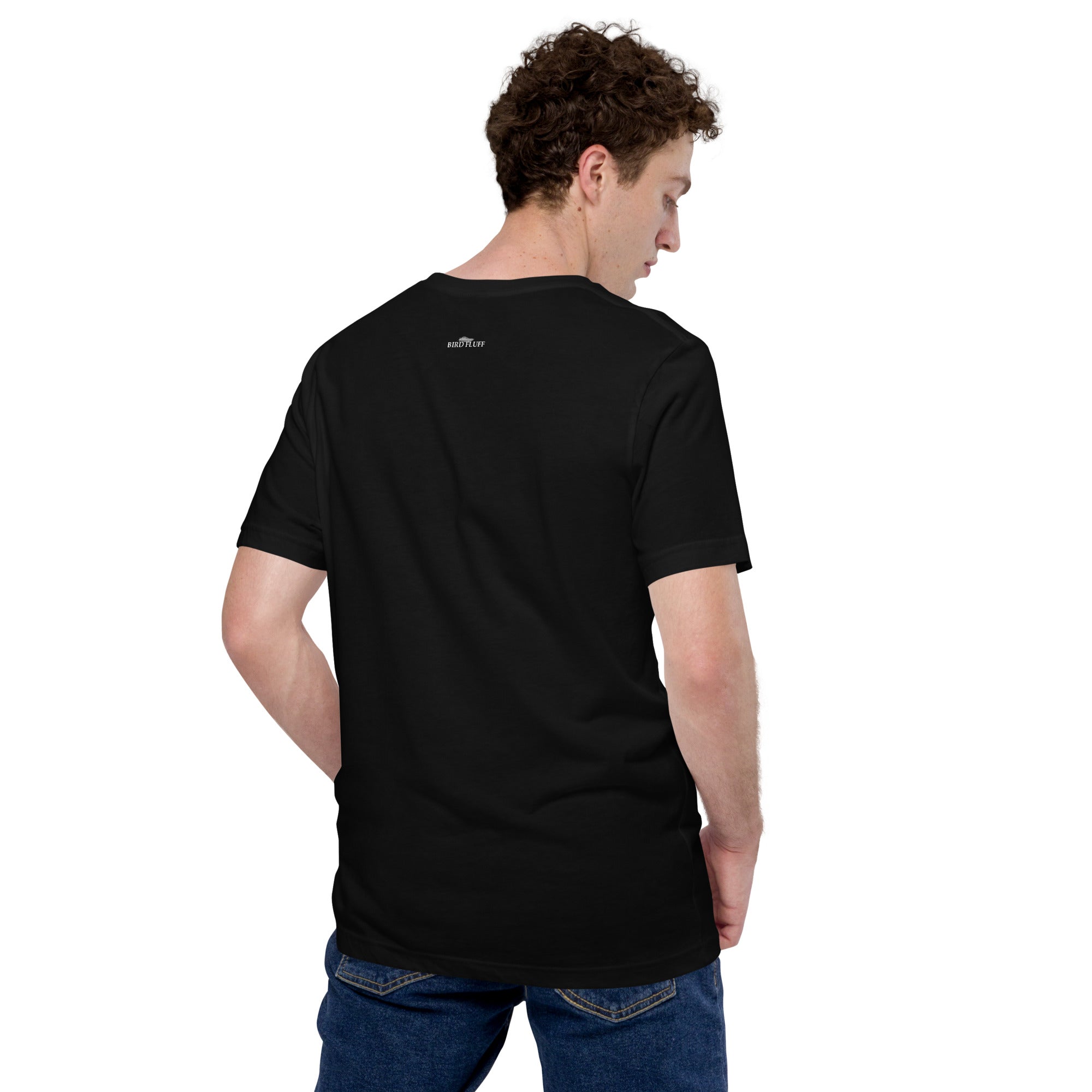 Black unisex bird t-shirt with a smiley face looking up and to the side at a flock of birds surrounded by the words, "Easily Distracted" above and, "Mostly by Birds" below. Rear view of brand logo on back near collar.