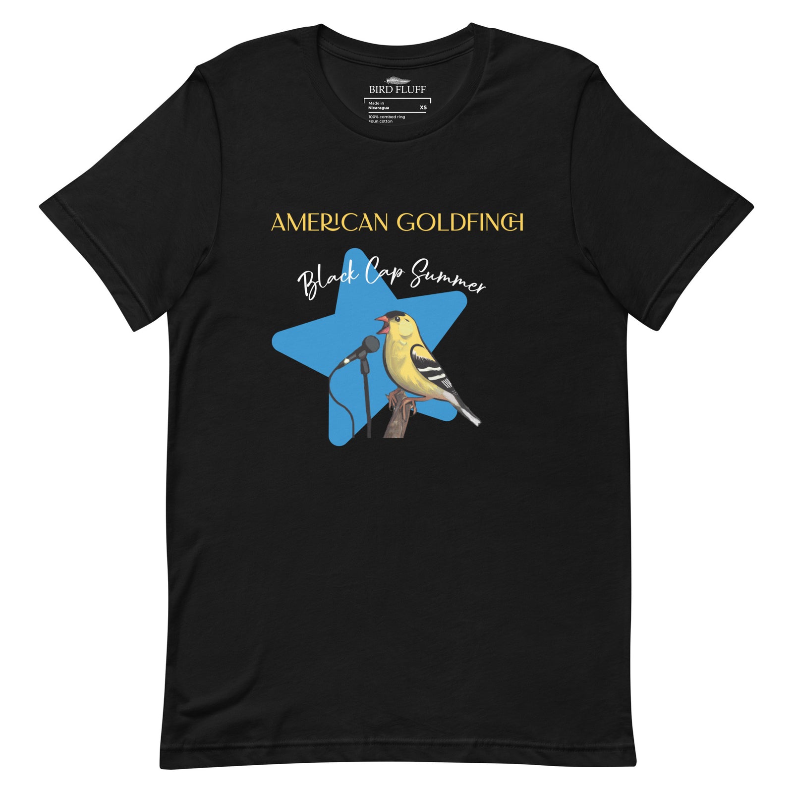 Black unisex bird shirt featuring an American goldfinch singing into a microphone with a list of dates and cities on the back where the bird is commonly seen.