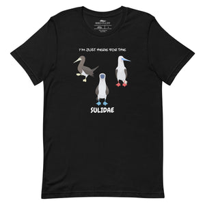Black birder shirt with a red-footed, blue-footed and brown booby on it, but referencing only the scientific family name for the bird.