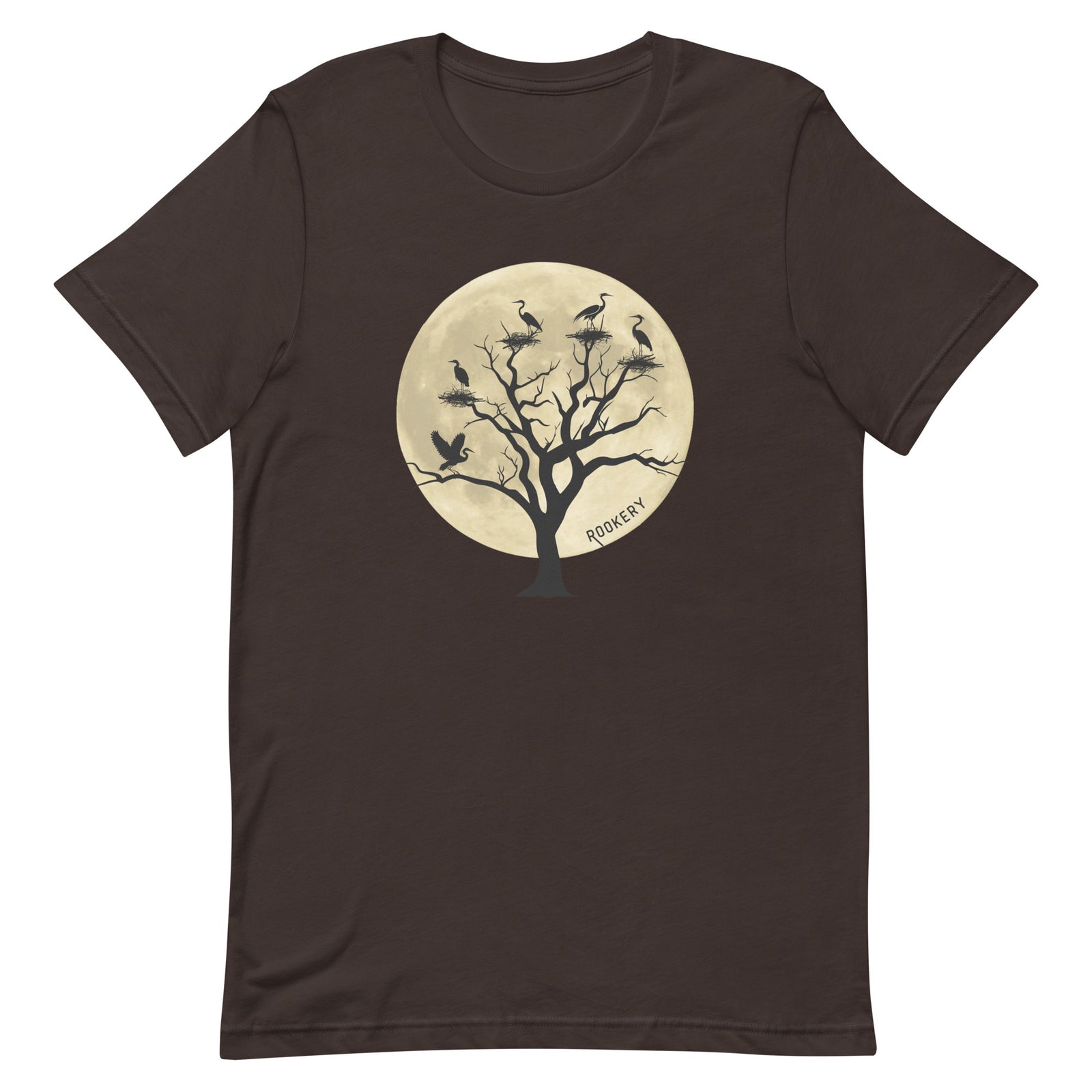 Brown unisex bird shirt with a full moon outlining a heron rookery.