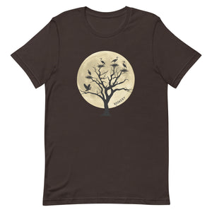 Brown unisex bird shirt with a full moon outlining a heron rookery.