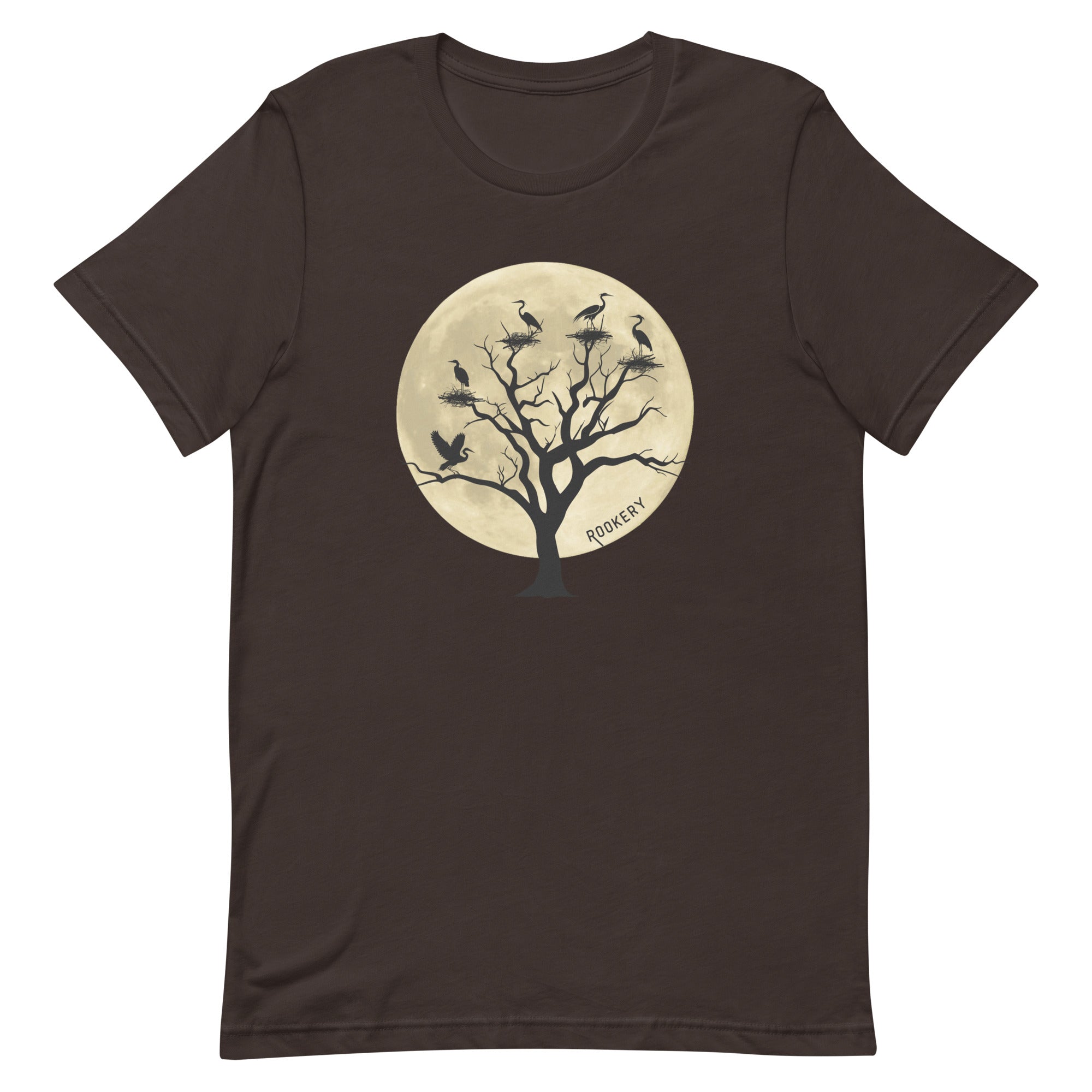 Brown unisex bird shirt with a full moon outlining a heron rookery.