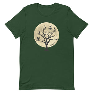 Green unisex bird shirt with a full moon outlining a heron rookery.