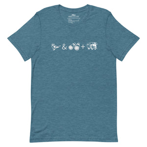 Unisex deep teal heather bird t-shirt celebrating bird watching and overlanding with a graphic of binoculars, a bird, and an overlanding vehicle.