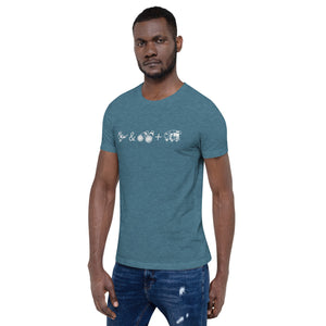 Unisex deep teal heather bird t-shirt celebrating bird watching and overlanding with a graphic of binoculars, a bird, and an overlanding vehicle. Worn by a man.