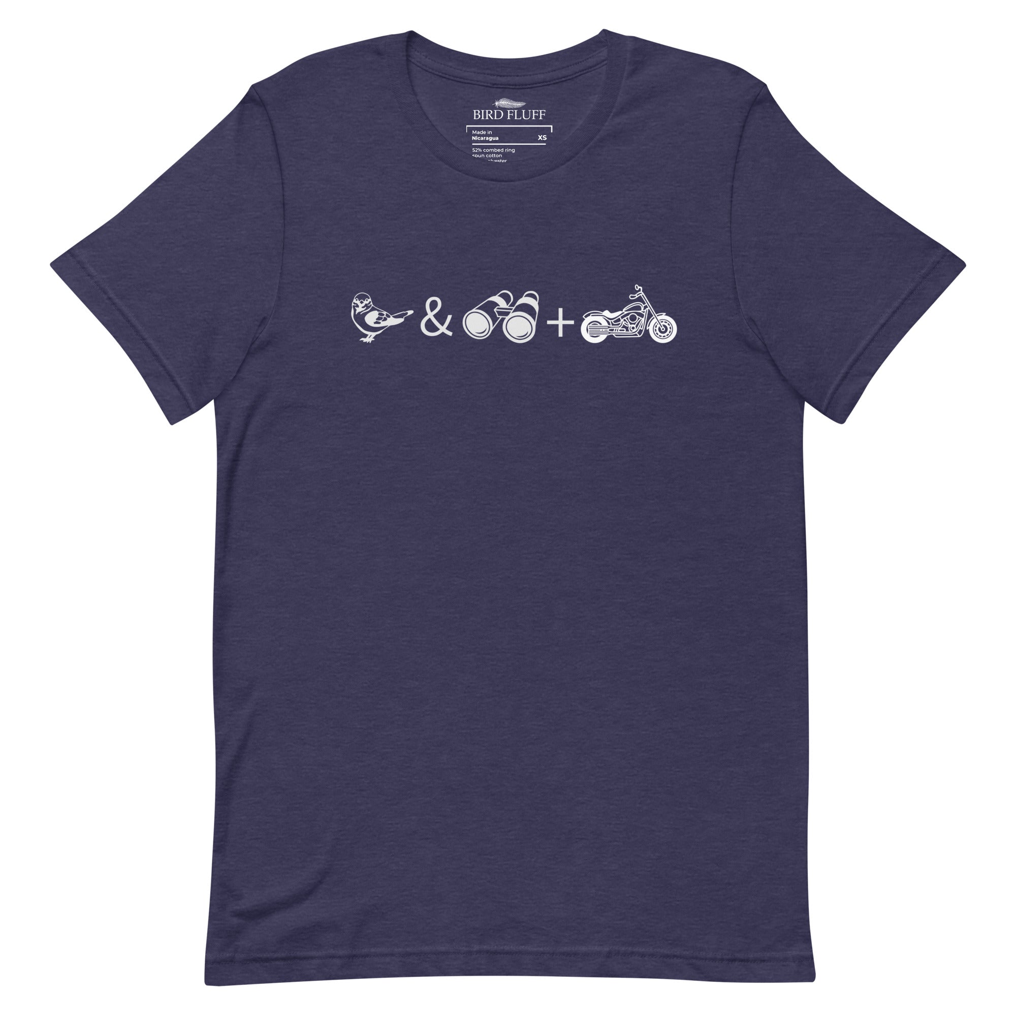 Unisex navy heather bird t-shirt celebrating bird watching and motorcycling with a graphic of binoculars, a bird, and a motorcycle.