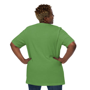 Leaf green bird shirt with a male and female northern cardinal and the words, "Will Brake for Gingers" worn by a woman, rear view, no graphics shown.