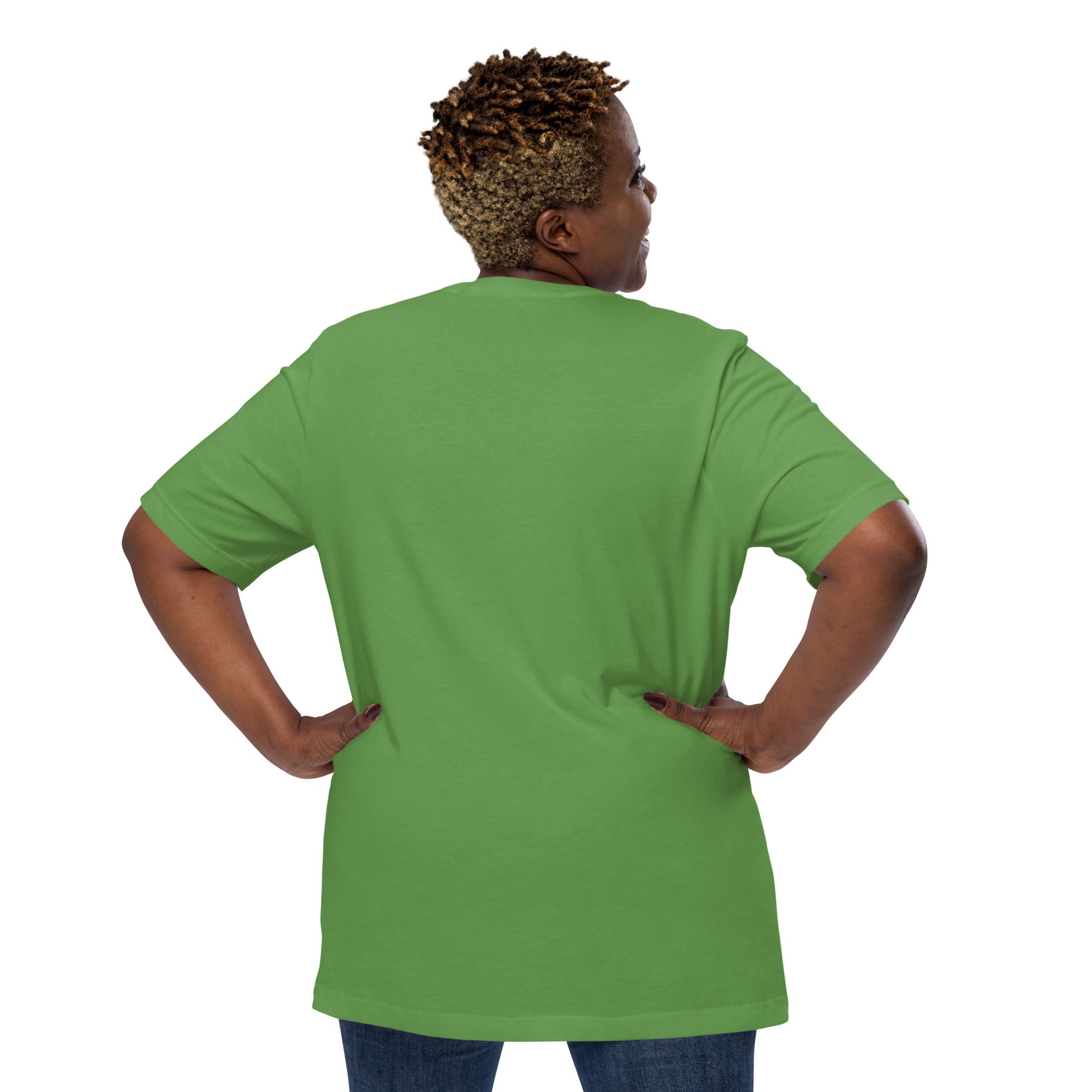Leaf green bird shirt with a male and female northern cardinal and the words, "Will Brake for Gingers" worn by a woman, rear view, no graphics shown.