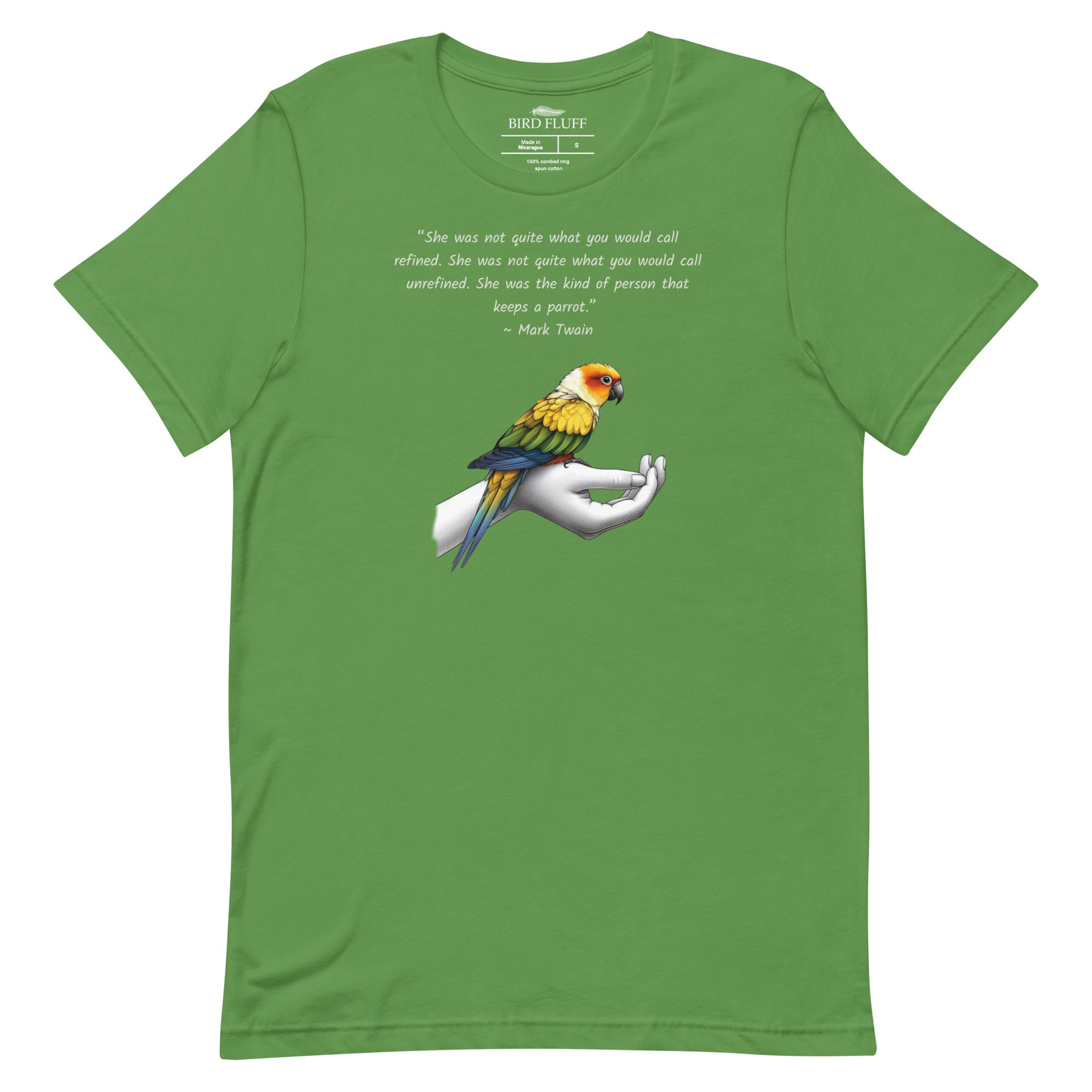 Unisex green t-shirt with a sun conure on a hand and a Mark Twain quote about a woman who keeps parrots.