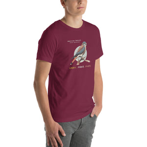 A maroon bird shirt with the words, "Small. Fierce. Fluffy" below an illustration of an American Kestrel. Worn by a man.