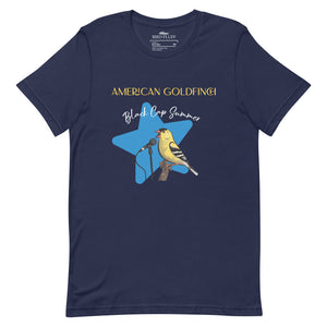 Navy blue unisex bird shirt featuring an American goldfinch singing into a microphone with a list of dates and cities on the back where the bird is commonly seen.