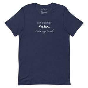 Navy blue bird t-shirt with the words Birdsong feeds my soul placed above and below a white graphic of 4 birds on a branch.