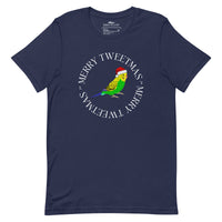 Navy blue unisex bird t-shirt with a budgie in a santa hat surrounded by the words Merry Tweetmas, separated by to seed sprigs.