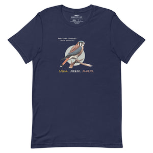 A navy blue bird shirt with the words, "Small. Fierce. Fluffy" below an illustration of an American Kestrel.