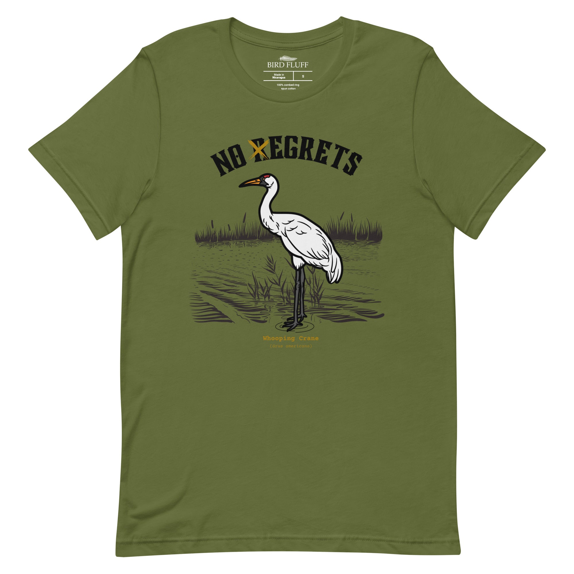 Olive green bird shirt featuring a play on the "No Regrets" tattoo that has the "R" crossed out to say "No Egrets" with a Whooping Crane below in a wetland setting.