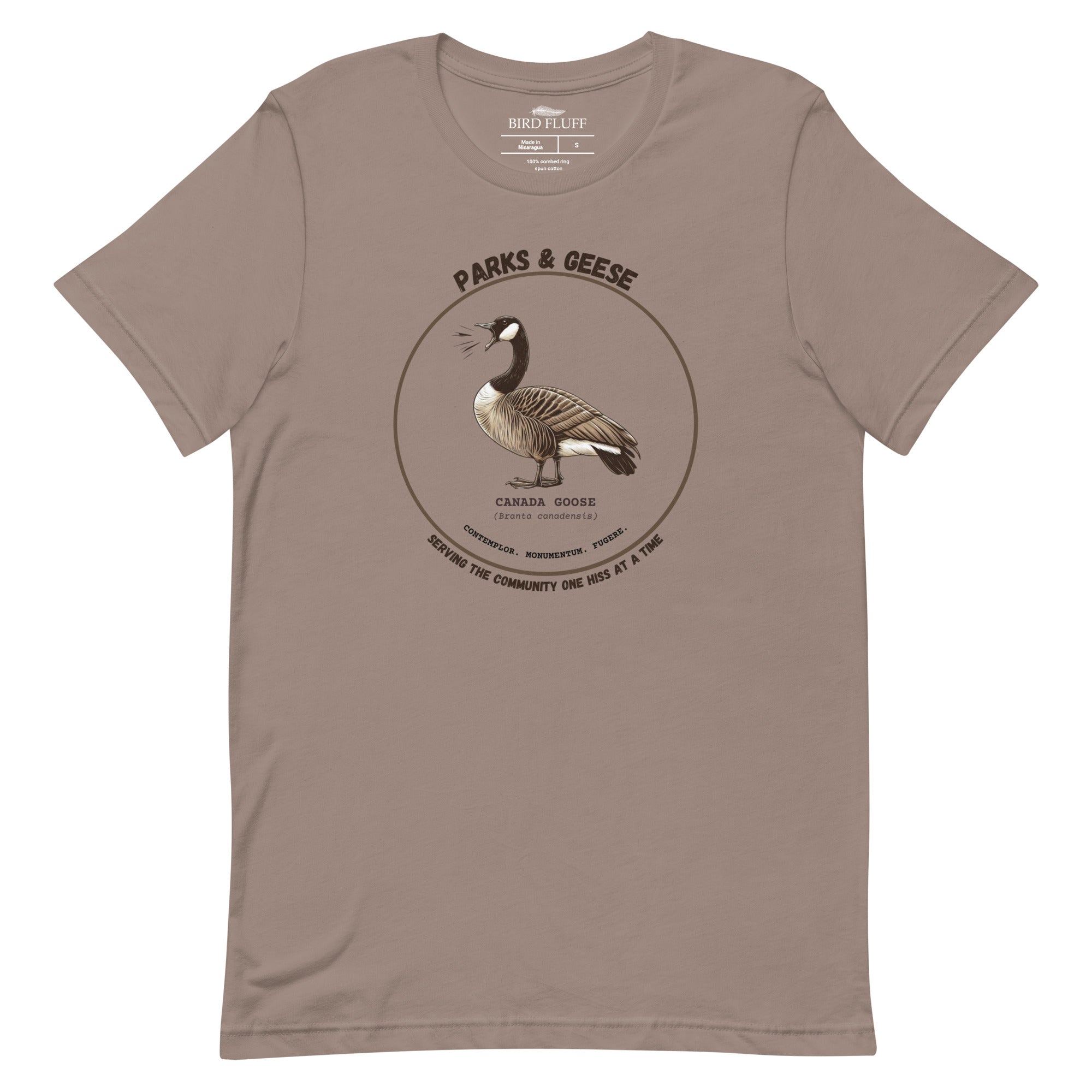 Unisex light tan bird shirt with a canada goose on the front and a park department theme.