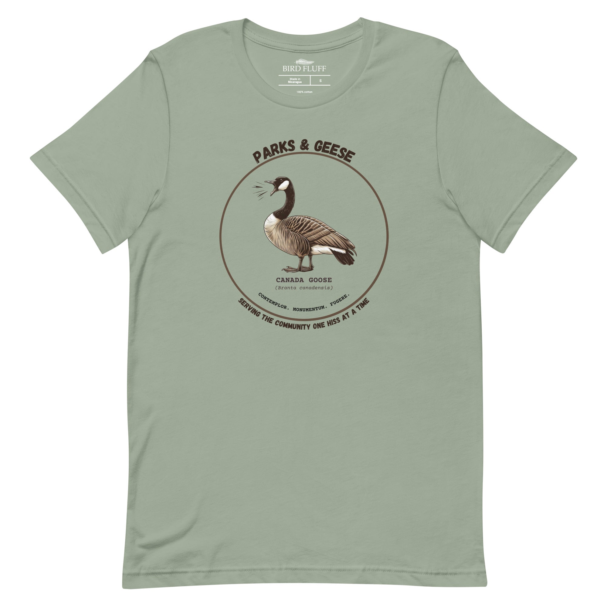 Unisex sage green bird shirt with a canada goose on the front and a park department theme.