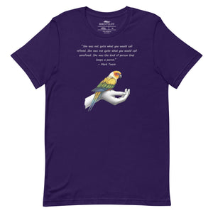 Unisex deep purple  t-shirt with a sun conure on a hand and a Mark Twain quote about a woman who keeps parrots.