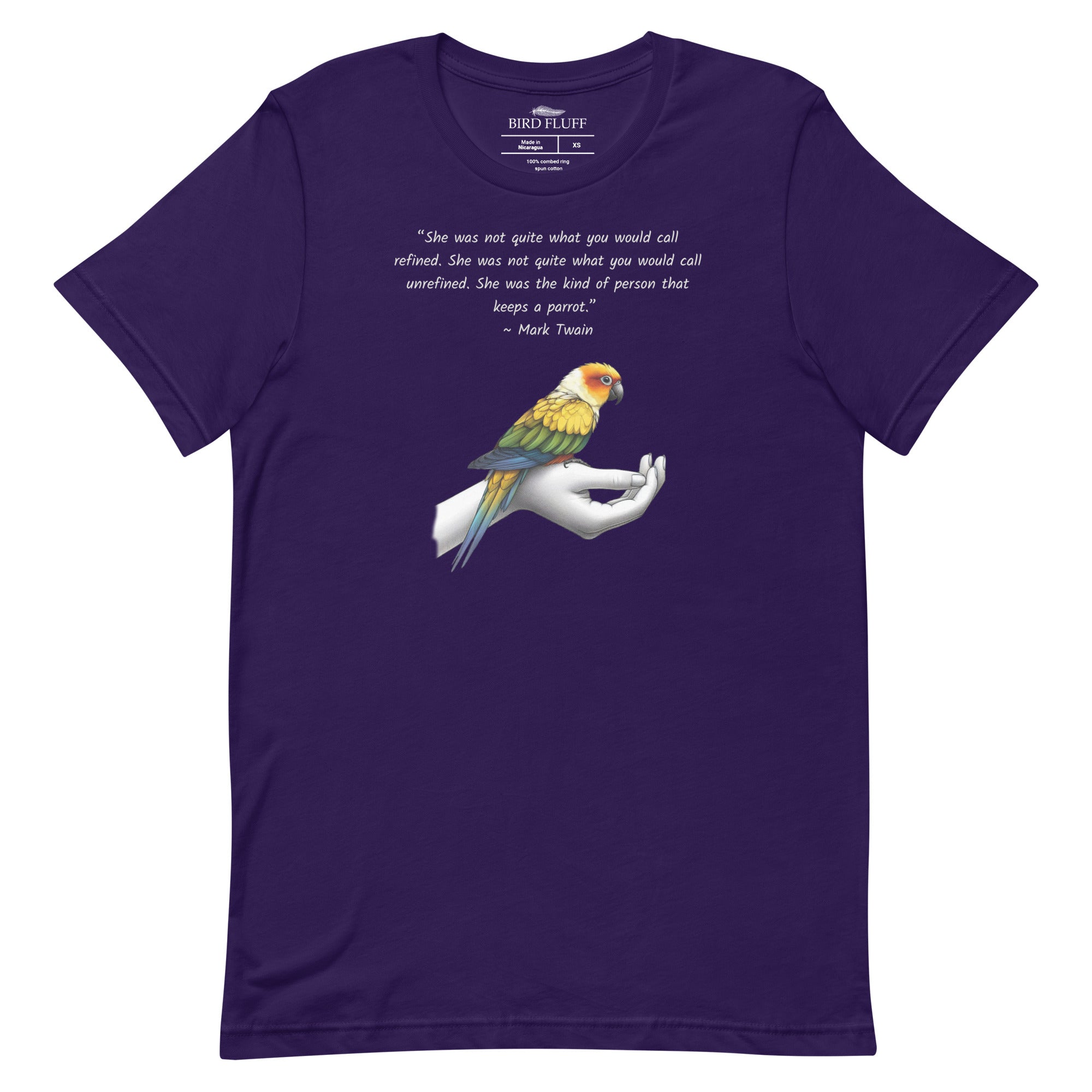 Unisex deep purple  t-shirt with a sun conure on a hand and a Mark Twain quote about a woman who keeps parrots.