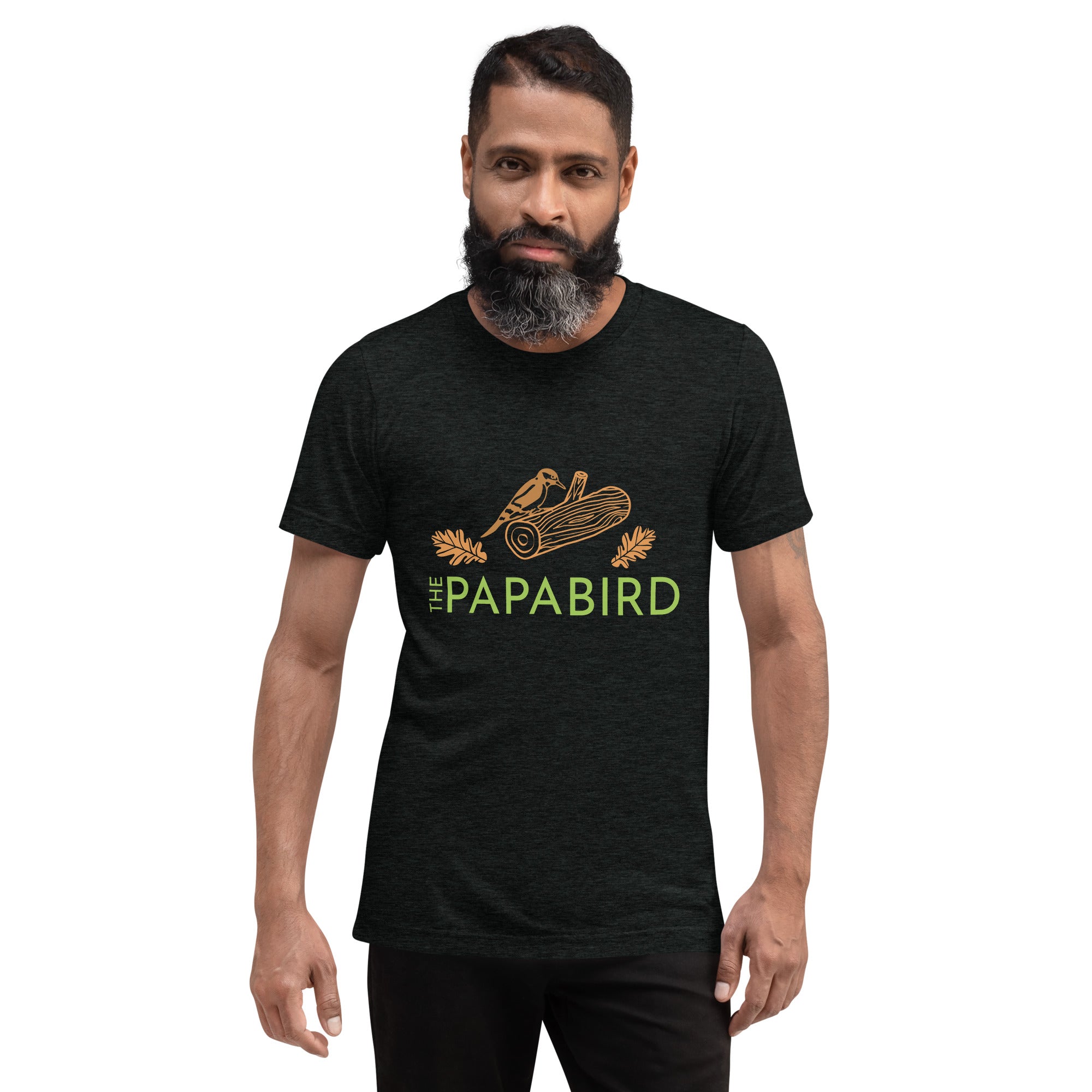 Charcoal black bird t-shirt with a graphic of a woodpecker on a log with some oak leaves and the text, "The Papa Bird" on the front, worn by a male model.