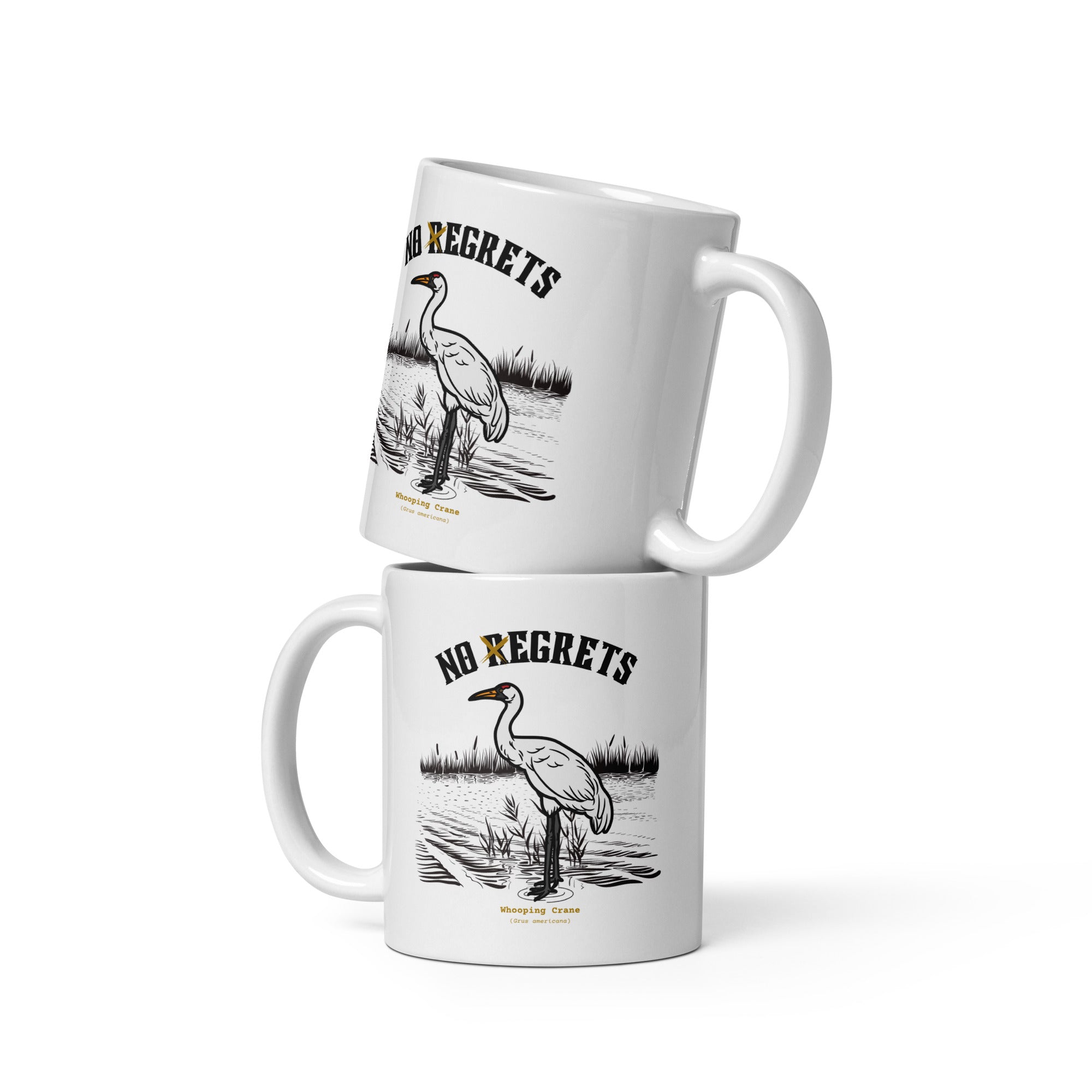 White 11-ounce mug featuring a play on the "No Regrets" tattoo that has the "R" crossed out to say "No Egrets" with a Whooping Crane below in a wetland setting.